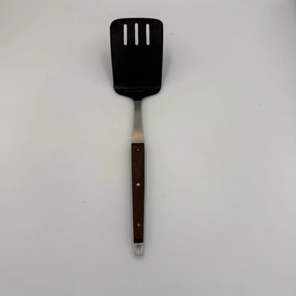 Vintage Ekco Classic Slotted Spatula Stainless USA Wood Handle Nylon Turner 12in